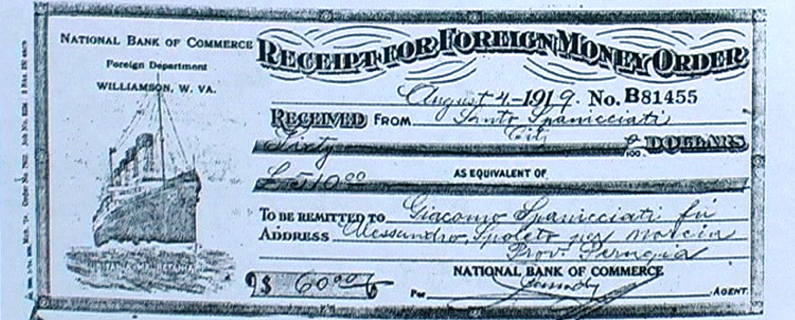 1919 - Vaglia utilizzato da emigranti negli USA per inviare denaro alle famiglie